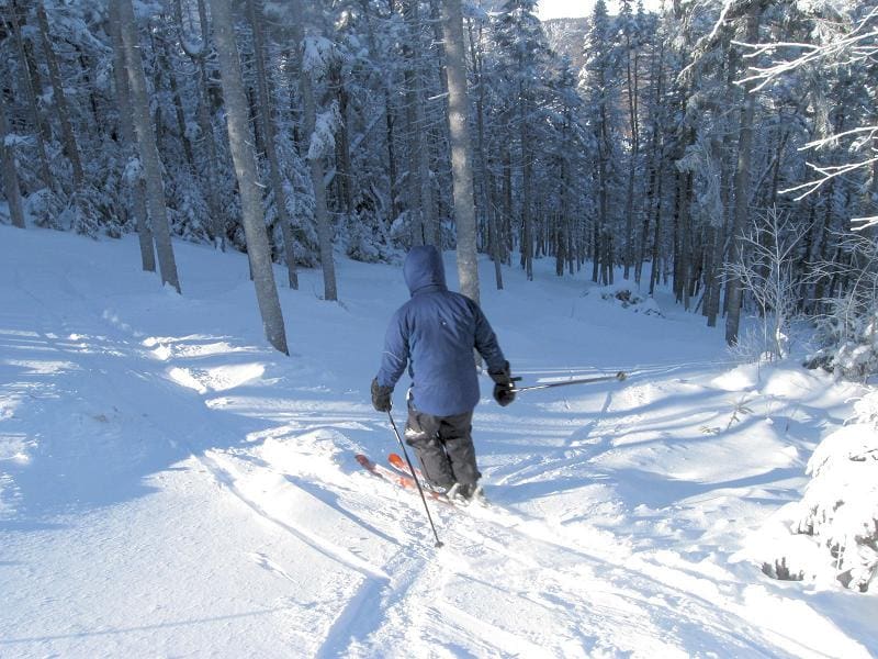 A man in a blue coat skis along the Maine Hut Trail on a sunny, winter day.