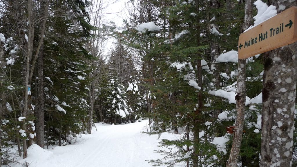 A snow-covered trail in Maine, with a wooden sign on one of the trees reading "Maine Hut Trail".