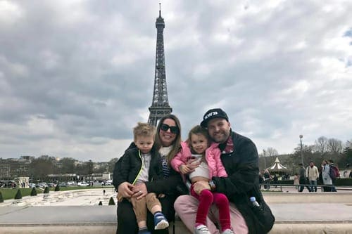 Paris Vacation Kids, Family in front of Eiffel tower while Paris Vacation with kids