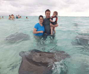 Parents with toddler swimming with stingrays in Grand Cayman.