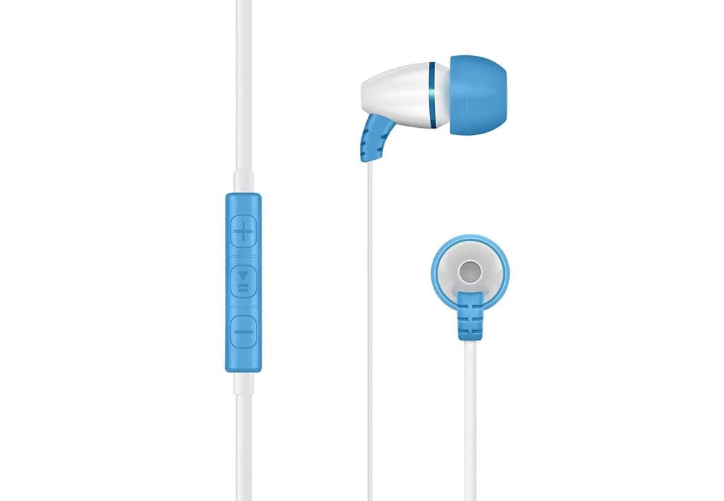 Product shot of the blue and white LilGadgets BestBuds, one of the best travel headphones for kids.
