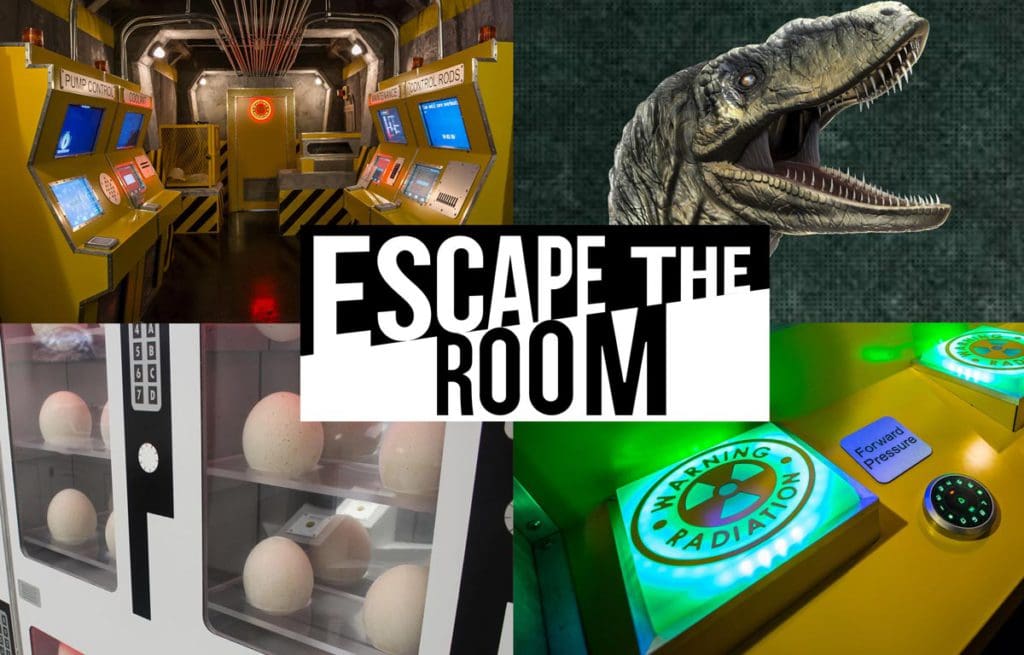 Four pictures showcase the diverse escape rooms at Escape The Room NYC, with the words "Escape The Room" across the image. 