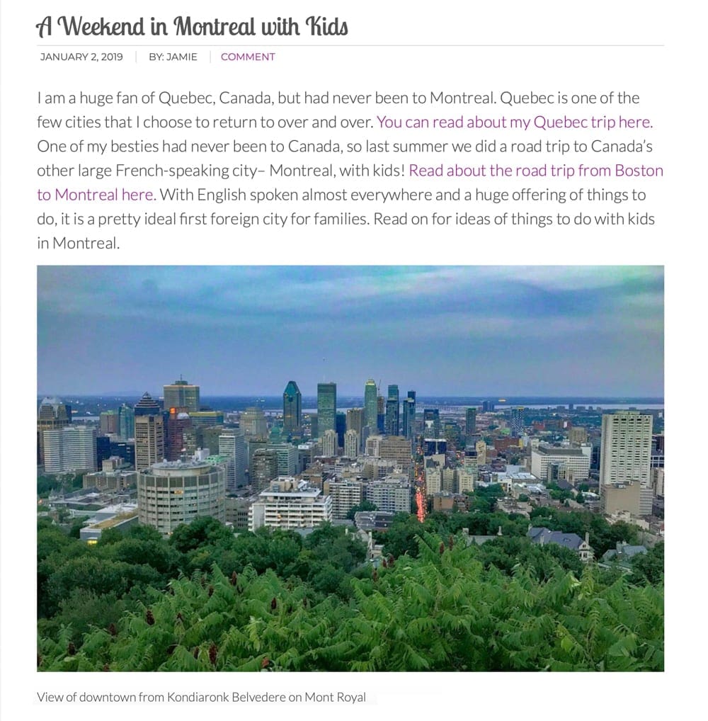A screenshot of the blog post "A Weekend in Montreal with Kids" by The Daily Adventures Of Me.