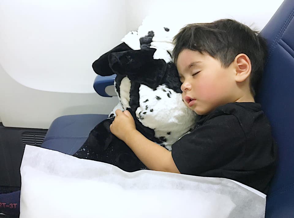 Little boy sleeping with a stuffy in the plane, having a stuffy can help with sleeping on long international flights with kids.