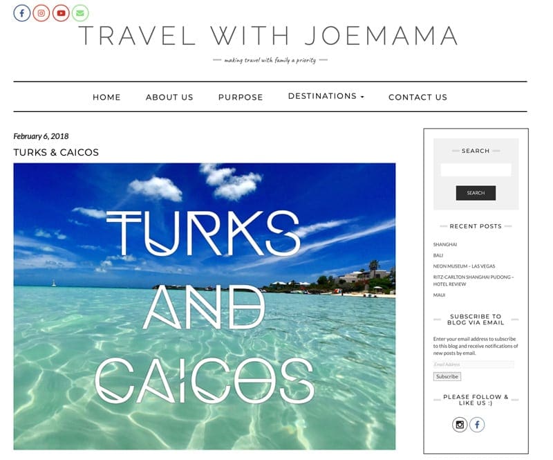 Website snapshot- Travel with Joemama’s blog.