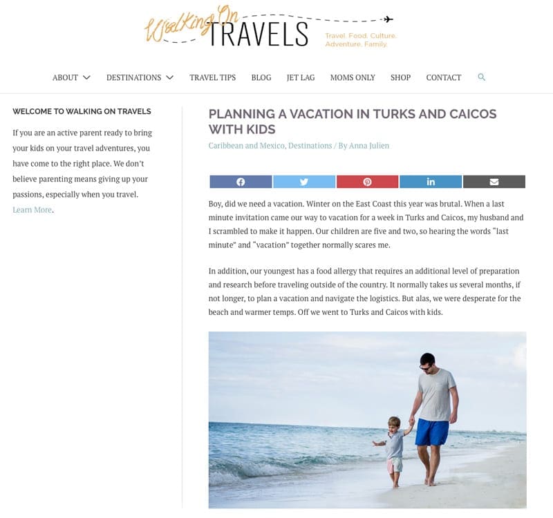 Website snapshot- Walking on Travels’ “Planning a Vacation in Turks and Caicos with Kids”