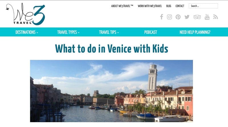A screenshot of the blog by We 3 Travel, featuring their piece on What to do in Venice with Kids.