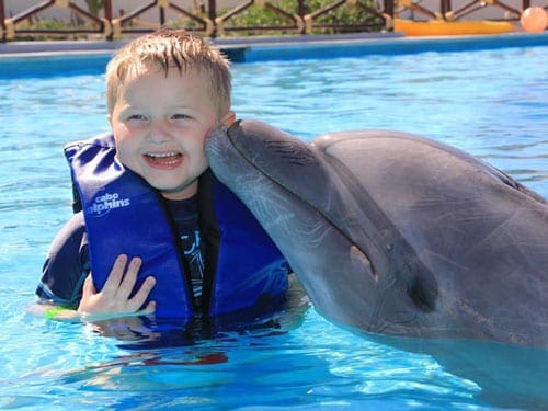 A dolphin kisses a young boy in a pool.