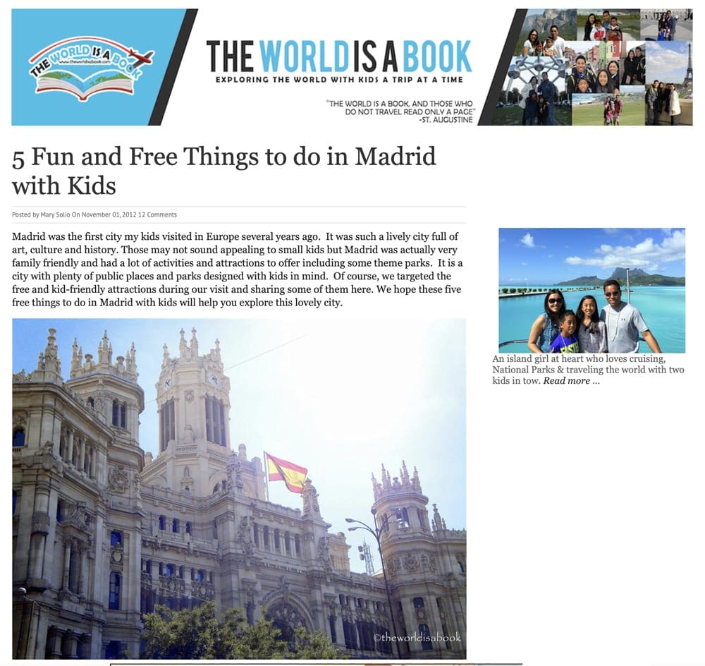 Website snapshot of The World is a Book’s webpage Madrid with Kids.