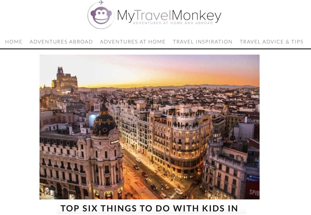 Website snapshot of My Travel Monkey’s webpage on traveling to Spain's capitol with kids.