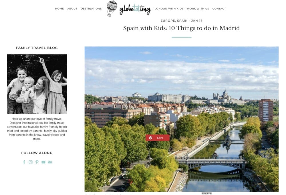 Website snapshot of Globe Totting’s web page entailing their tips on Madrid with kids.