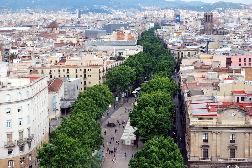 An aerial view of La Rambla in Barcelona during daytime, featuring its iconic line of trees on each side of the pedestrian street.