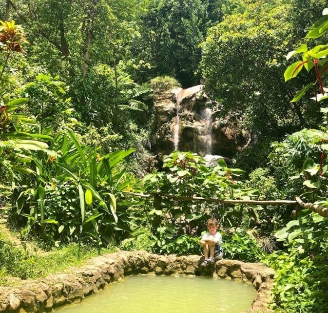 A young boy sits on the side of a natural green pool in a lush rain forest.