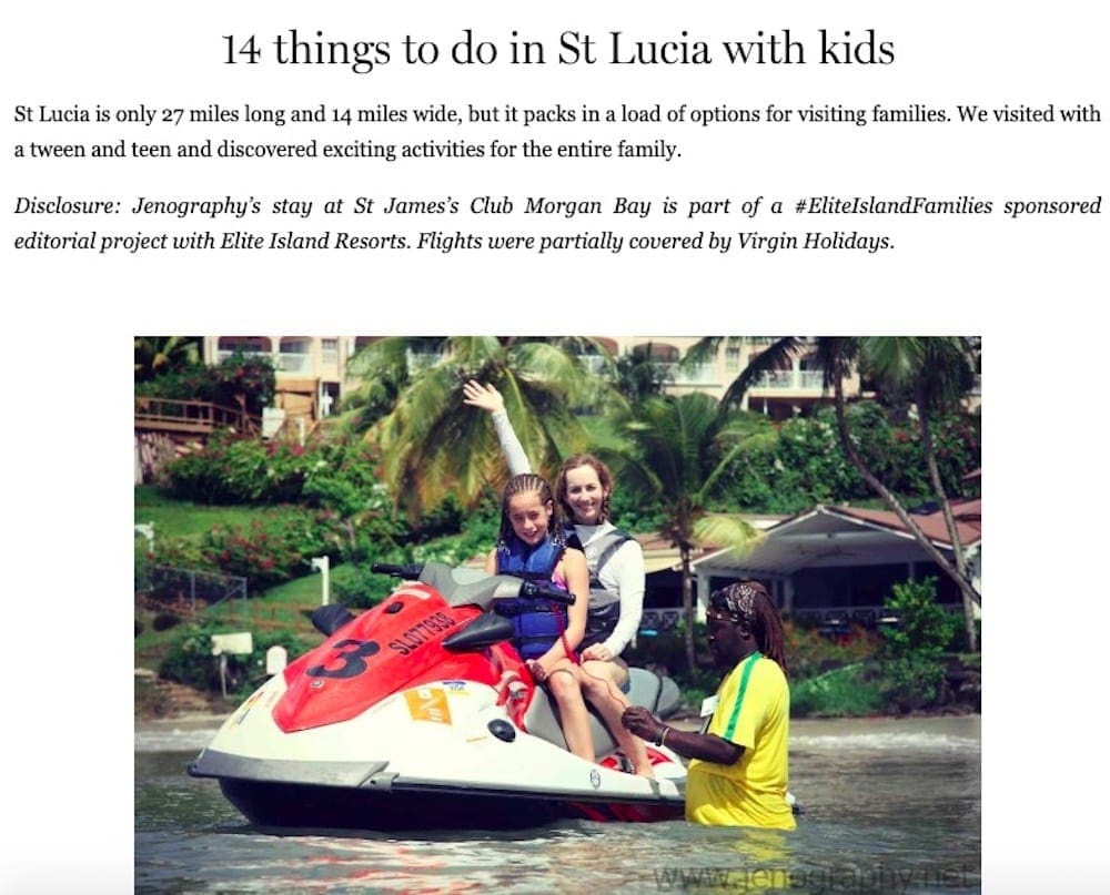 Screengrab from Brit Mums, featuring their blog on St. Lucia with kids.