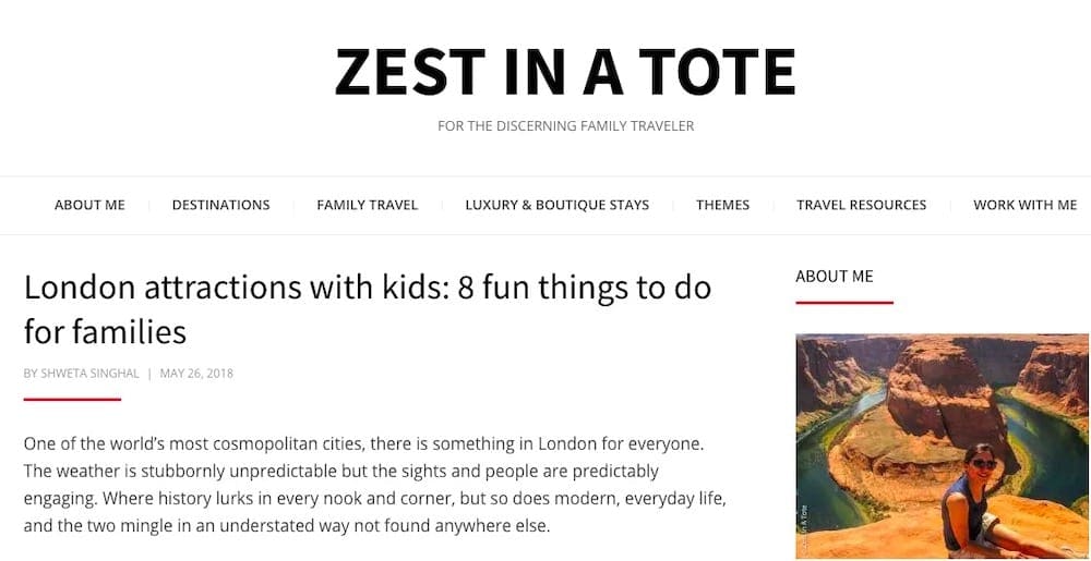 Screengrab from Zest In A Tote's blog sharing insights on exploring London as a family.