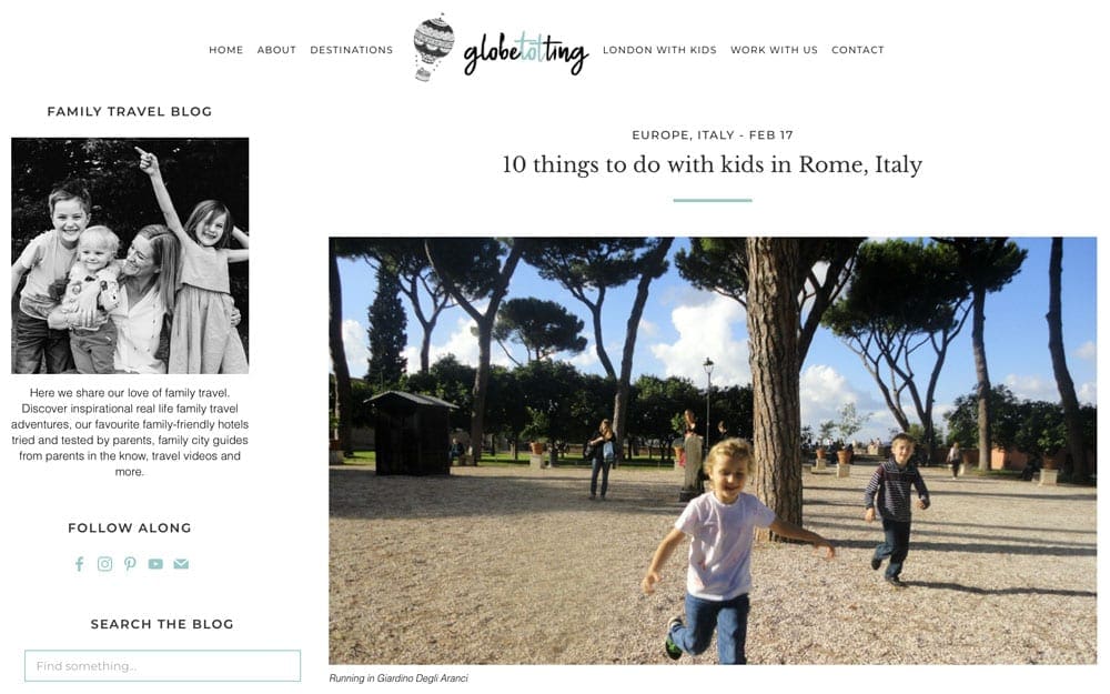 Screen grab of Globetotting website - The Best Blogs on Visiting Rome with Kids.