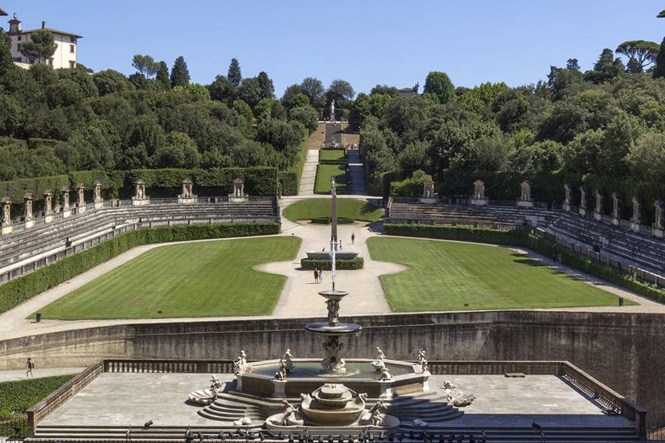 A view of the statues and greenery at the Boboli Gardens in Florence.
