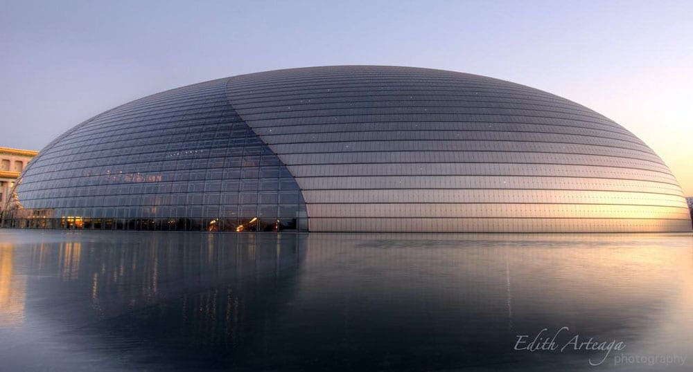 A view of the exterior of the National Centre for the Performing Arts Beijing China.