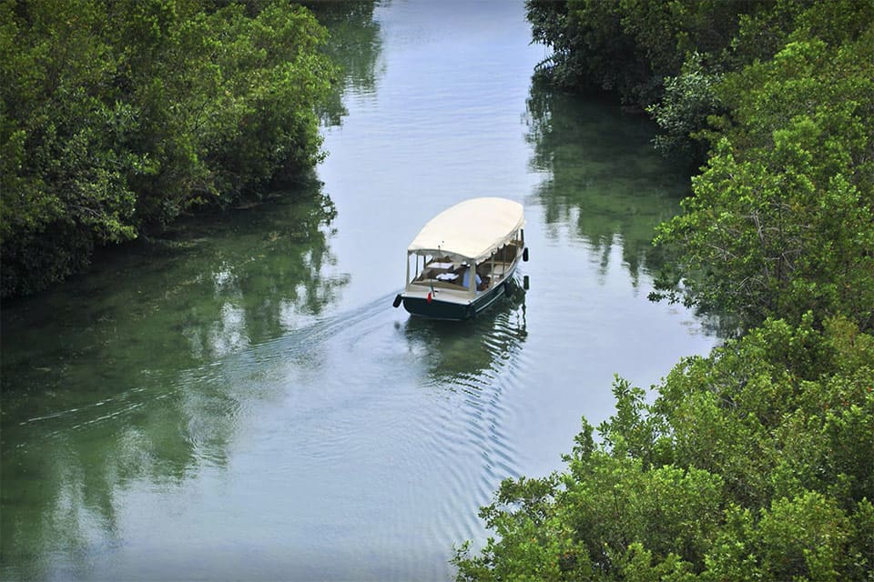 Boat along a canal in Photo Courtesy: Fairmont Mayakoba, flanked by foliage on both sides.