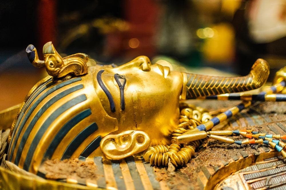 Gold mask of the King Tut tomb. Learning about King Tun is an important part of our virtual vacation to Luxor.