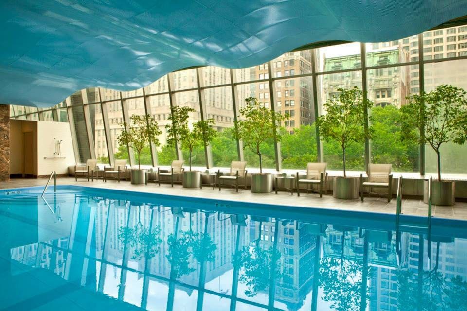 Inside the brightly-lit pool room at the Millennium Hilton New York Downton.