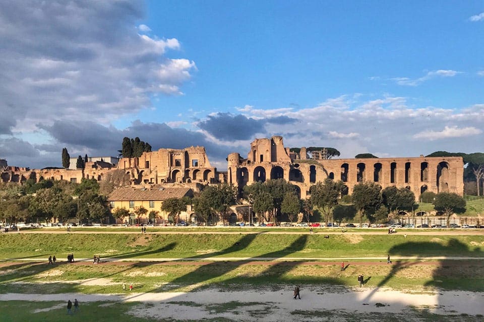A view of the historic Palatine Hill grounds on a sunny day.