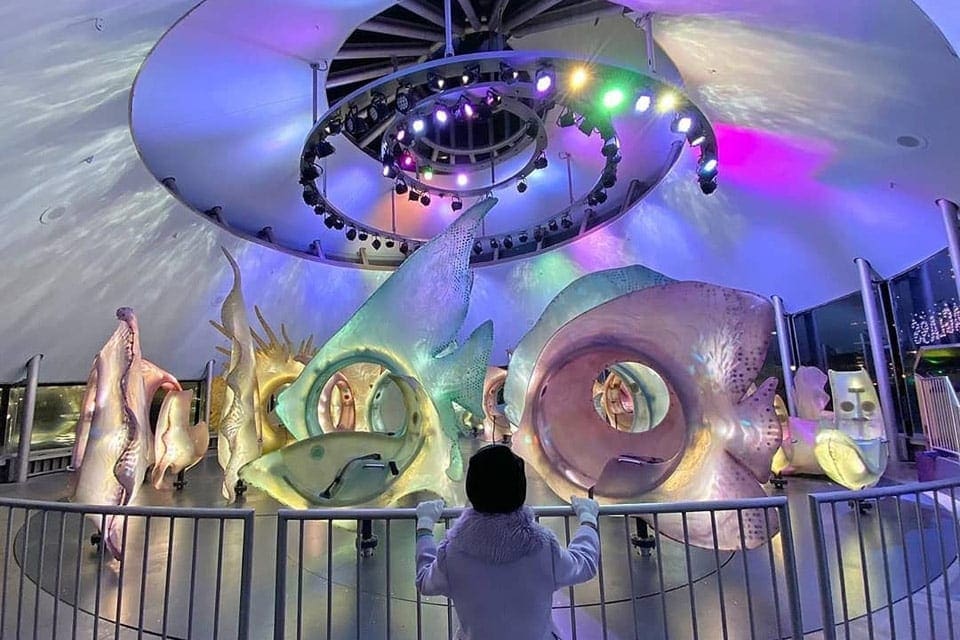 A child overlooking the Seaglass Carousel in Lower Manhattan, one of the best indoor activities in New York City for kids.