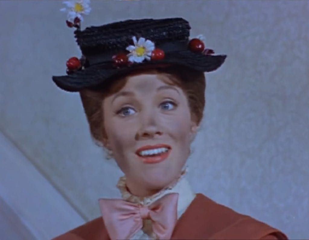 Julie Andrews as Mary Poppins in the film Mary Poppins.