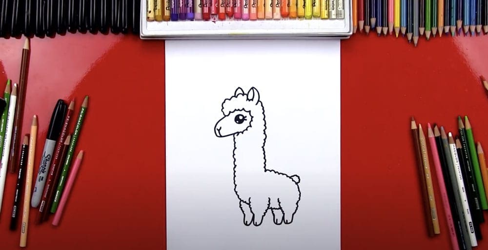 Image of a hand-drawn llama among coloring utensils. The perfect activity for kids to enjoy a virtual vacation from home to hike in Peru.
