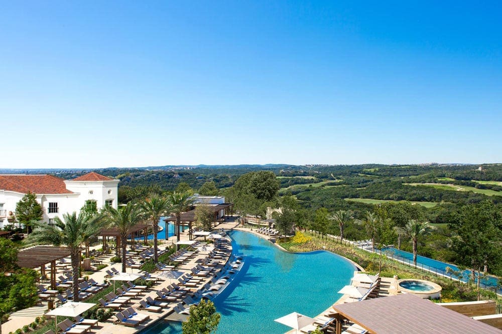 An aerial view of the grounds and outdoor pool at La Cantera Resort & Spa.