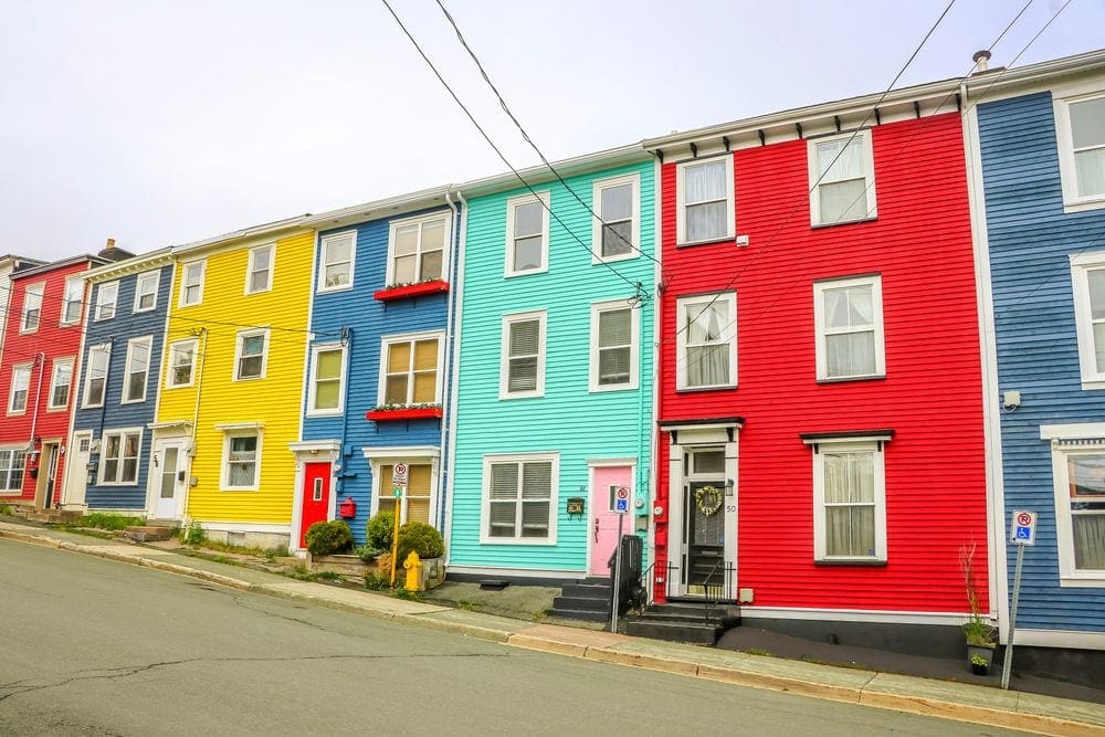 String of colorful houses along a street in St. John's, Newfoundland, Canada.