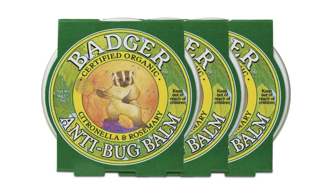 Three Badger Anti-Bug balm packages staged together. It is one of the best bug repellents for kids.