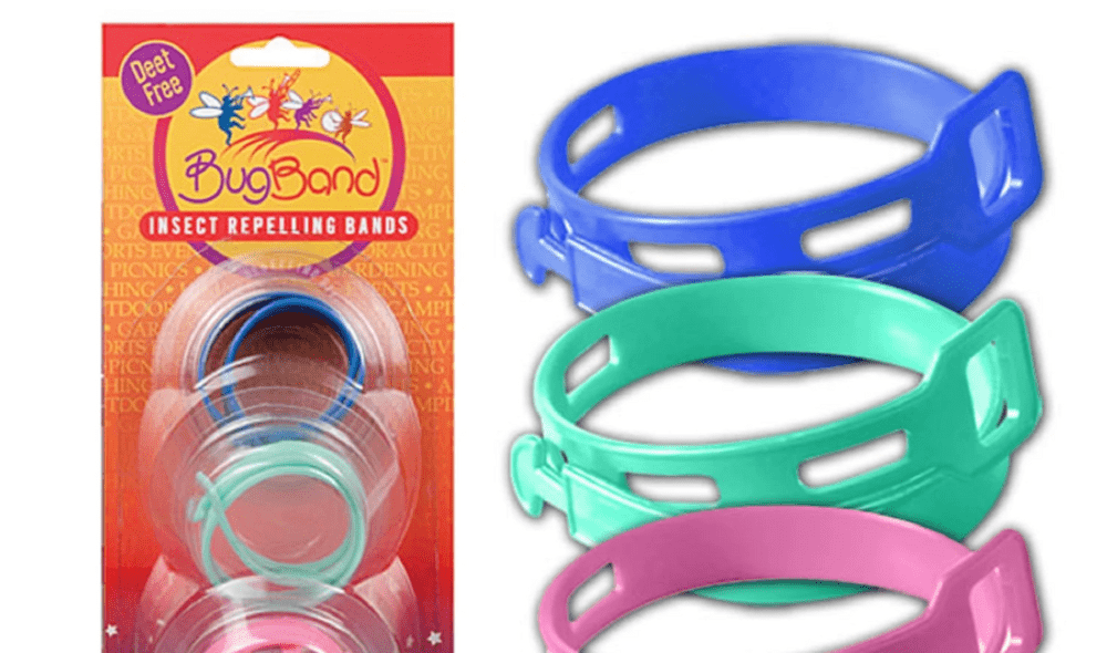 Three bug bands are show prominantly, one blue, one green, and one pink. A view of the packaging is staged to the left of the three bands. Brands and bracelets are one of the best alternatives to bug spray.