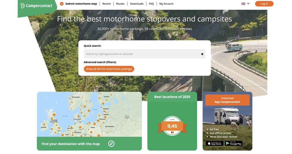 A screenshot of the home page for Campercontact, featuring views of the app across Europe.