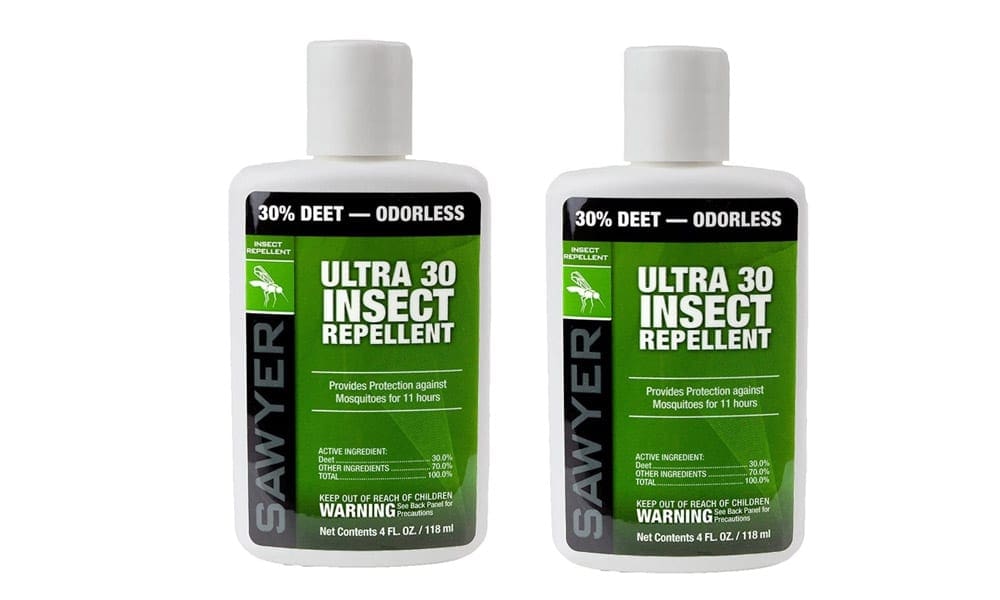 Two bottles of Sawyer Ultra 30 Insect Repellent lotion. One of the best DEET bug sprays for kids.