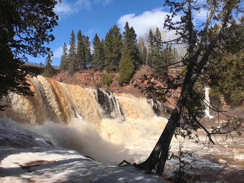 A view of the large waterfall in Gooseberry Falls State Park, one of the best places to visit northern Minnesota with kids.