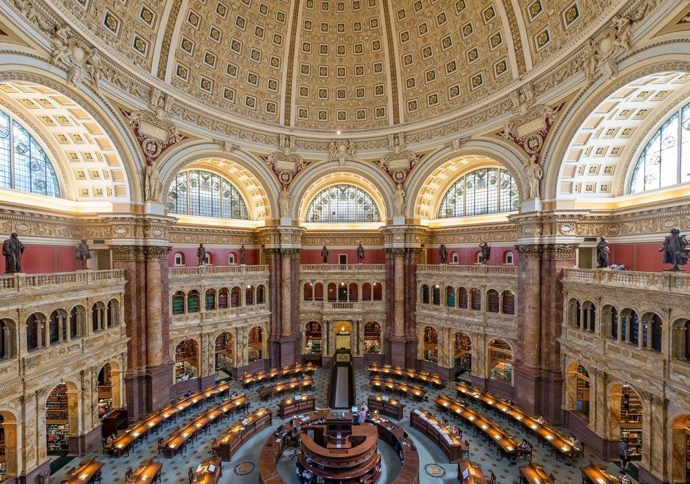 A view inside the walls of the Library of Congress, looking down on Research and Reference Services.