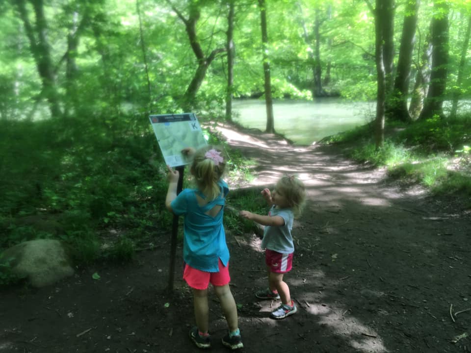Two girls looking at a map at Mohican State Park, one of the best Midwest State Parks 