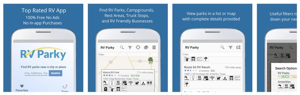 A view of four screens featuring the unique options offered by the RV Parky app.