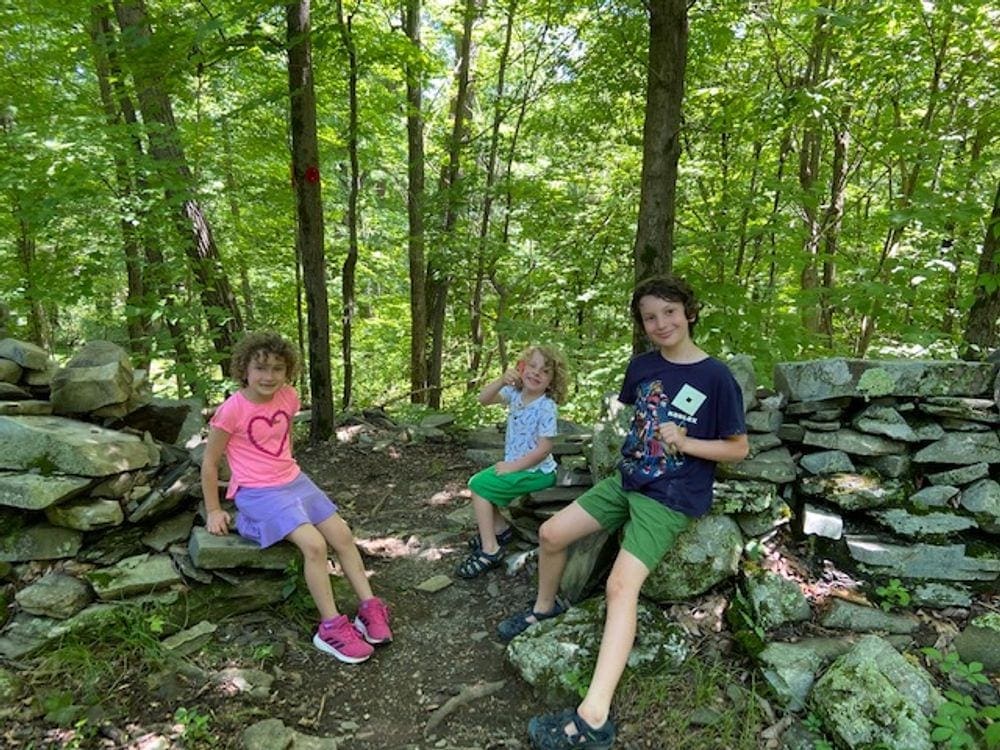Three kids sit amongst a rock wall, smiling at the camera within the Black Creek Forest Preserve, one of the most kid-friendly hikes in the Hudson Valley.