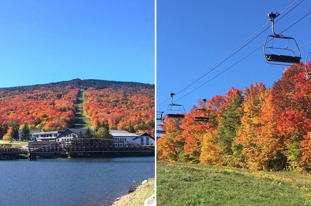 Left Image: A shimmering blue lake stands before a full array of fall colors above the town of Killington. Right Image: Empty ski chairs float above brilliant fall foliage in Vermont.