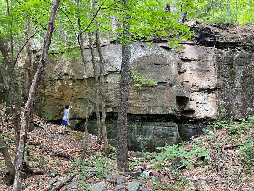 A young boy puts his hand on a giant rock structure in a heavily wooded area within the Sloan George Loop, one of the most kid-friendly hikes in the Hudson Valley.