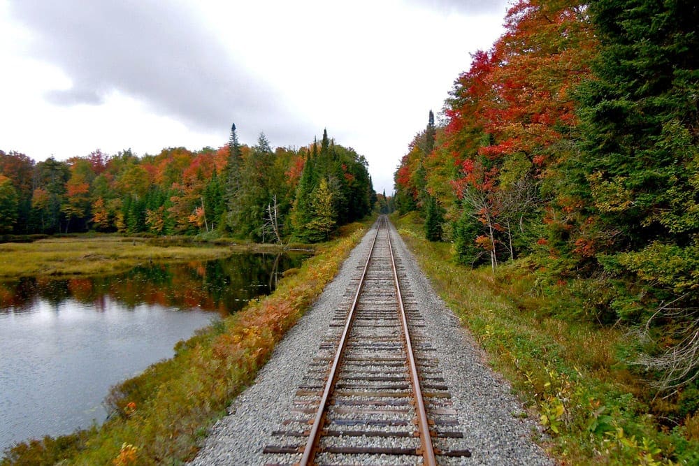 Train tracks aside a sparking late in the Adirondacks on a stunning autumn day, featuring hues of red and green, a great option for a fall foliage train ride in the Northeast.