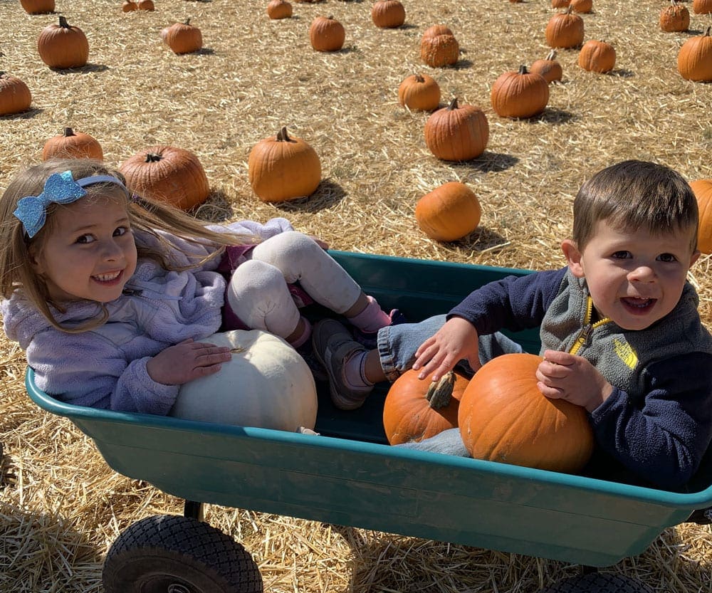 Two kids sit in a wheelbarrow surrounded by pumpkins at a farm in Colorado.