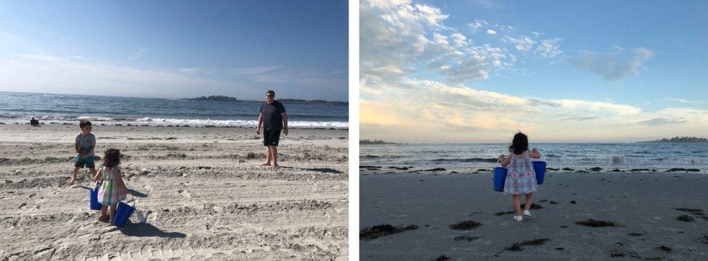 Left Image: A family plays in the sand on a Maine beach. Right Image: A small girl with two large, blue buckets in her hands walks toward the ocean.