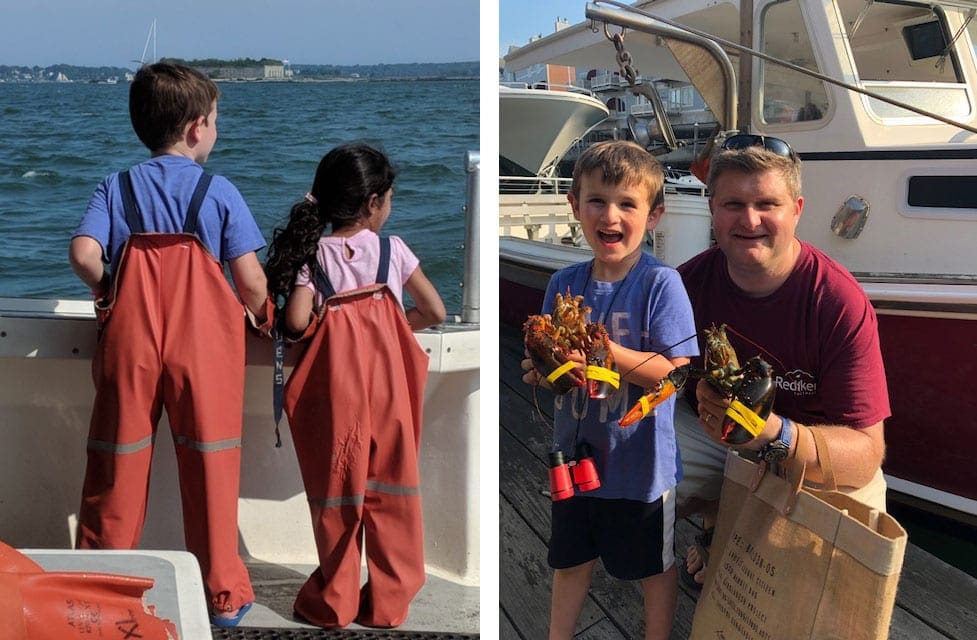 Left Image: Two young kids in red waders look over the side of a boat. Right Image: A father and son hold twin lobsters on a boating excursion.