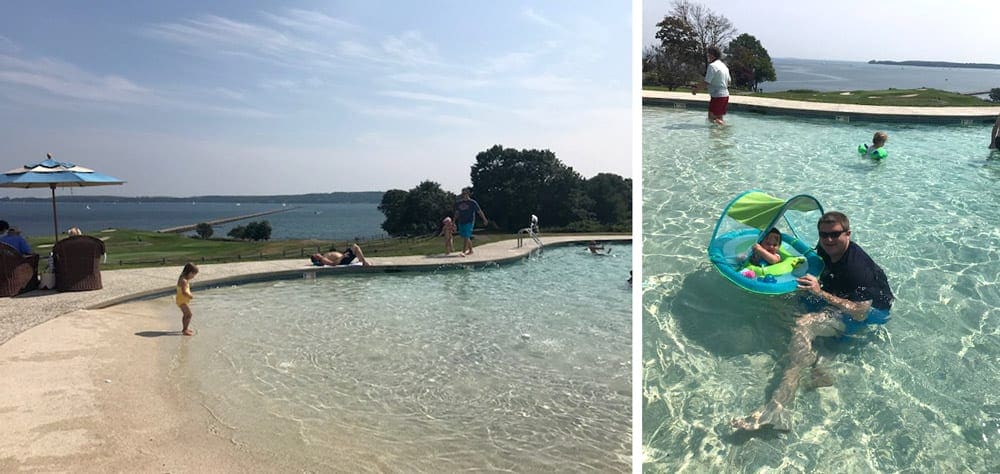 Left Image: A toddler girl takes a step in a large pool at the Samoset Resort. Right Image: A father and his young daughter pose for a picture in the pool.
