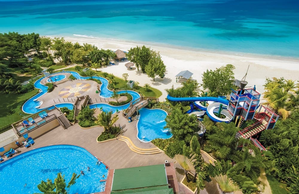 Aerial view of the Pirates Islands Waterpark at Beaches Negril, one of the best hotels in the Caribbean with a water park for families.
