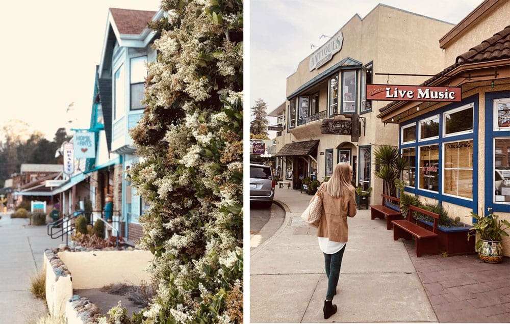 Left Image: Colorful, cozy shops peak around a large flowering hedge in Cambria, California. Right Image: A woman window-shops as she strolls along a charming street in Cambria, California.