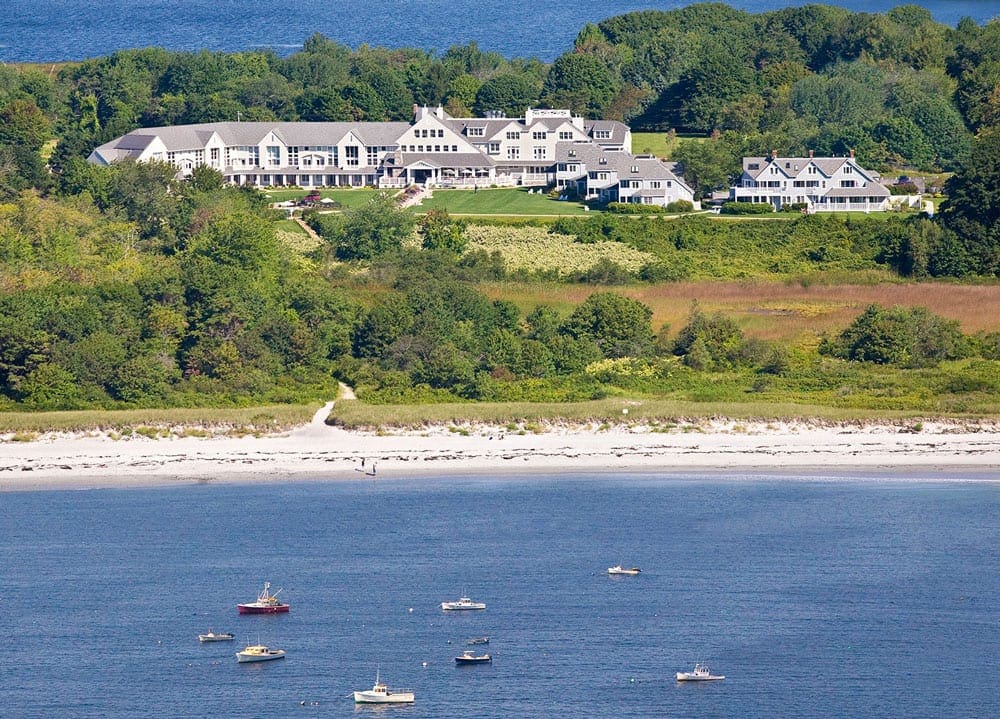 A view of the grounds of Inn By The Sea, one of the best Maine hotels for families, from the ocean-side view.